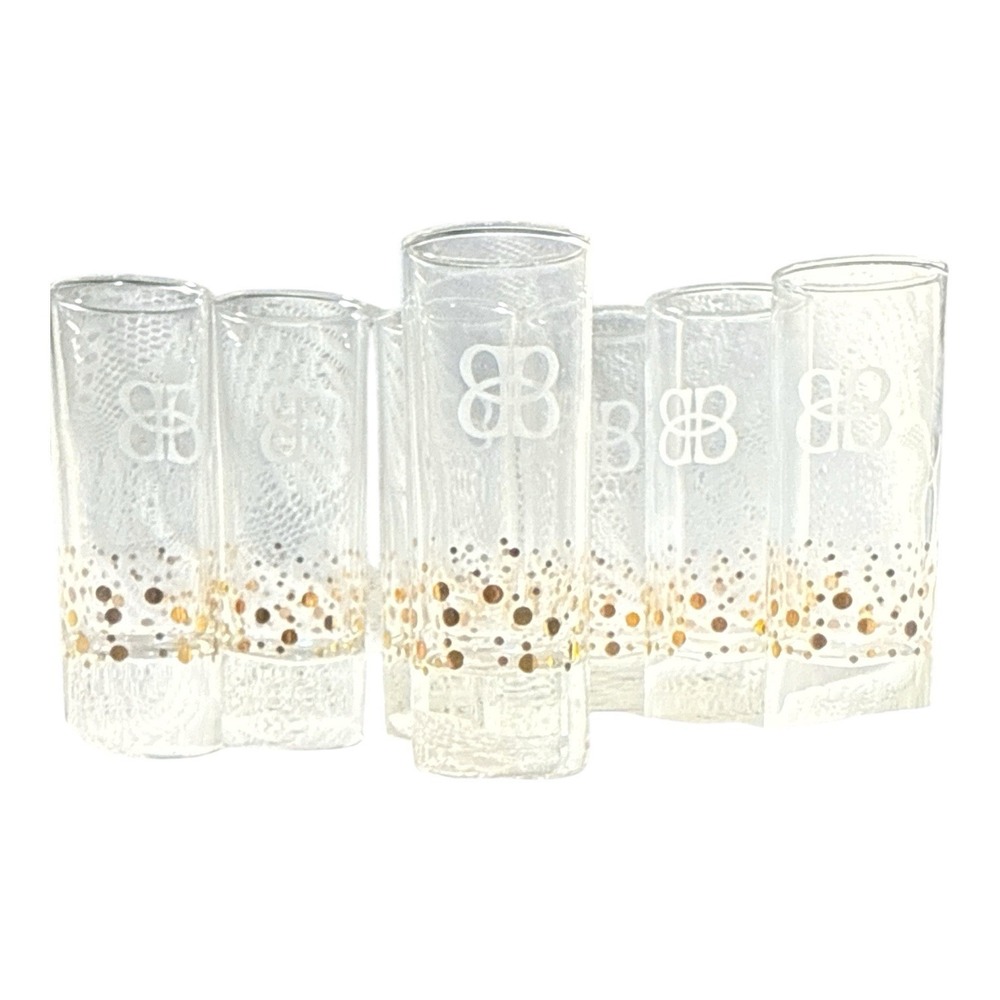 Vintage Mid Century Modern Gold Dot Shot Glasses Set of 7 MCM Frosted Barware 4"